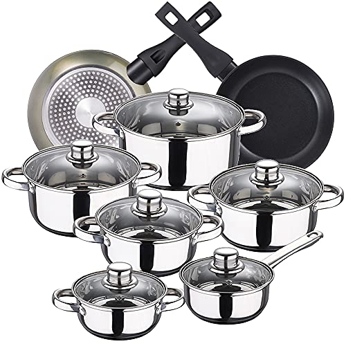 Bateria de cocina 12 piezas SAN IGNACIO Cassel, acero inoxidable, con juego sartenes (22/26 cm) BERGNER Green Neon en aluminio forjado