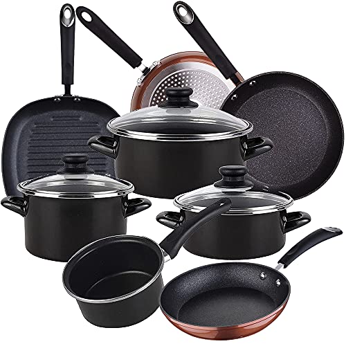 Magefesa Bateria de cocina 7 piezas MAGEFESA Kenia de acero esmaltado con juego de sartenes (20/24/28 cm) y grill 28 cm Moma en aluminio forjado
