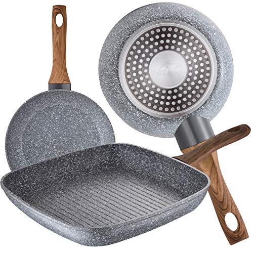 San Ignacio Set 2 Sartenes 18/22 y Asador Grill 28 x 28 cm, Daimiel, Aluminio Forjado, Inducción, Multicolor