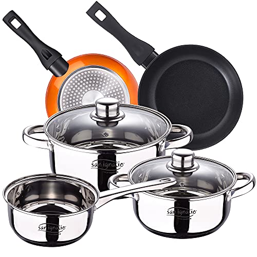Bateria de cocina 5 piezas SAN IGNACIO Cassel, acero inoxidable, con juego sartenes (20/24 cm) BERGNER Neon Classic en aluminio forjado