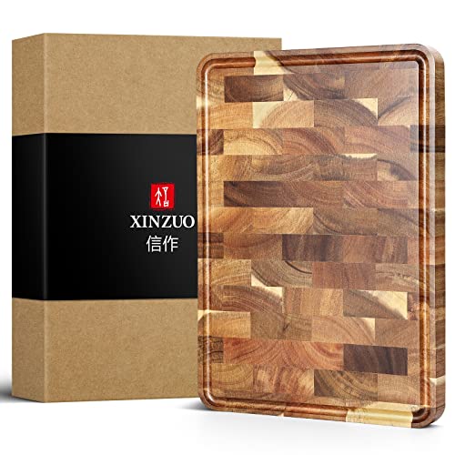 XINZUO Tabla de Cortar de Madera de Acacia- (35x25x2.6cm) Tabla de Cortar Cocina Hecha a Mano Trinchar Tabla de Carne- con Patas Antideslizantes, Asas Laterales y Ranura para Jugos