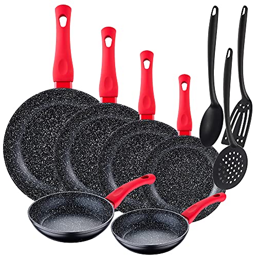 San Ignacio Paquete 6 sartenes Energy diámetro 18/20/22/24/26/28 cm, alumino forjado, negro + Set 3 utensilios de cocina en nylon