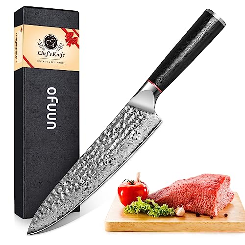 oFuun Cuchillo de Cocina Damasco, 19,3cm Cuchillo Chef Japones de Acero Damasco de 67 Capas, Mango de Material G10, Cuchillo Profesional para Cortar Verdura, Fruta, Carne y Pescado - Serie Loyal