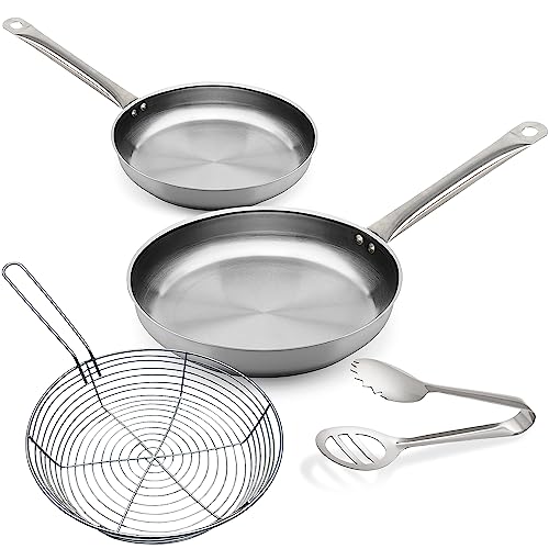 ALZA ® Chef Inox set de sartenes sin antiadherente, 18 + 26 cm, fabricadas en acero inoxidable, incluyen pinza de emplatado y cestillo para freír, sin recubrimientos, ecológica, libre de PFOA