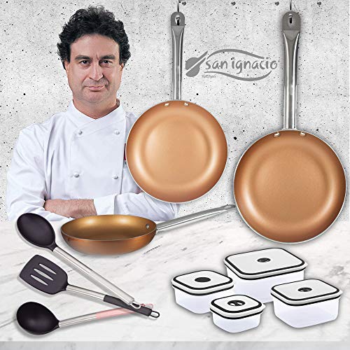 San Ignacio Copper Plus Set 3 sartenes + 4 fiambreras + 3 Utensilios, Aluminio Prensado, Multicolor, 20-24-28 cm