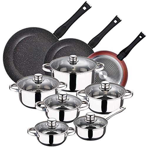San Ignacio PK4771 PACK DE 3 SARTENES 20/24 y 28 cms + BATERÍA DE COCINA DE 12PC EN ACERO INOXIDABLE, Cobre/Cromado