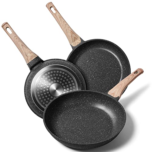 RIOVARM Juego de sartenes antiadherentes de inducción, sartenes de huevo de granito, sartén para tortilla, utensilios de cocina saludables 20 24 28cm