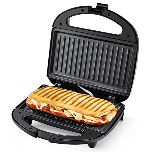 Sandwicheras/Grill Electrico Tiastar, 750W Máquina de Panini, Tostadora Grill con Recubrimiento Antiadherente, Temperatura Automática, LED Indicadoras, Mango Cool Touch, Sin BPA, Negro