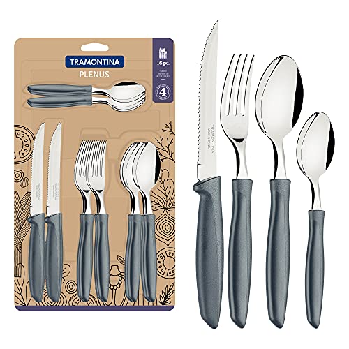 Tramontina Pleno Juego de Cubiertos para 4 Personas, 16 Piezas, Acero Inoxidable, Plástico, Gris