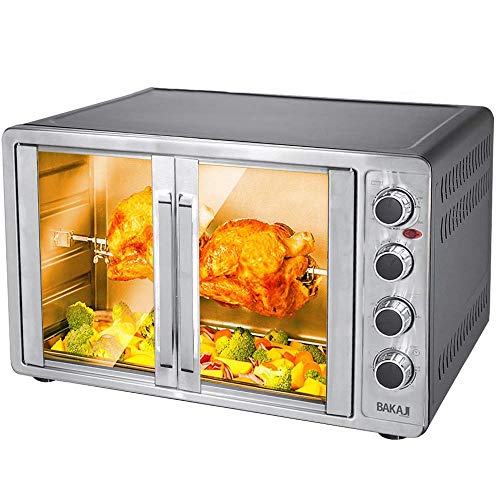 Bakaji Horno eléctrico ventilado 55 litros potencia 2200 W con doble puerta luz interior 4 selecciones de cocción temperatura ajustable temporizador asador y accesorios