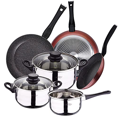 San Ignacio Batería de cocina 5 piezas acero inoxidable y set 3pcs sartenes Ø20/Ø24/Ø28, aluminio forjado, inducción
