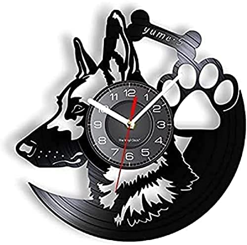 Reloj de pared con pilas, silencioso, sin tictac, pastor alemán, reloj de pared, decoración del hogar, razas de perros, reloj de vinilo, reloj de pared con nombre de perro personalizado vintage para a