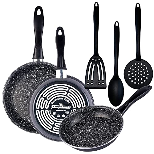 Magefesa K2 GRANSASSO set: Paellera Ø34 y Tartera Ø24 cms, en acero esmaltado vitrificado, en gris, inducción y lavavajillas, y juego de 3 Utensilios de cocina en acero inoxidable