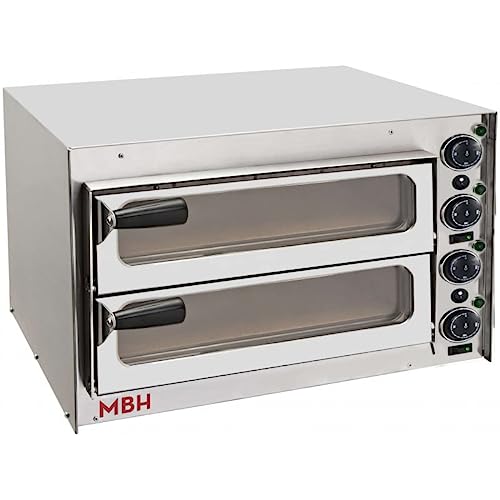 MBH - Horno de pizza profesional pequeño de 2 cámaras. Horno eléctrico industrial 2 pizzas puerta acero inoxidable