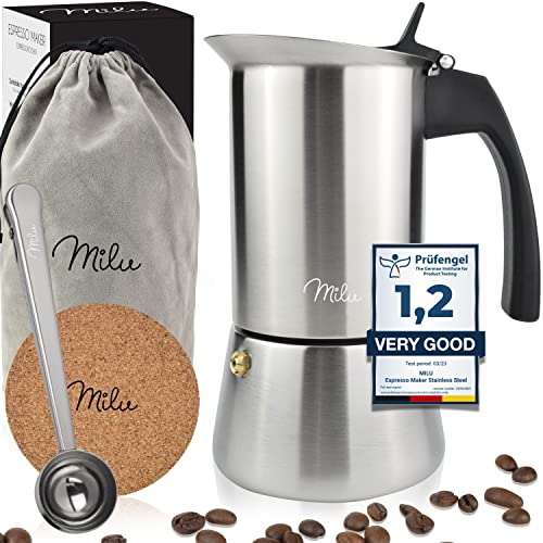 Milu Cafetera Italiana (2 Tazas sin inducción) | 2, 4, 6, 9 Tazas | Cafetera Moka de Acero Inox, Expresso Maker - Set comprensivo di sottobicchiere, cucchiaio, spazzola (2 tazze da 100 ml)