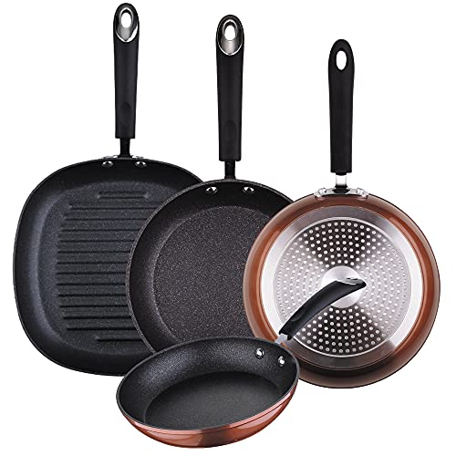 San Ignacio SIP-Ø20/24/28 + Grill Set de Sartenes, Mango Revestido con Silicona Atérmica, Aluminio Forjado, Cobre, 28 cm