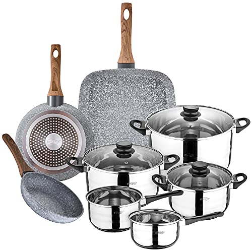 San Ignacio Batería de cocina 8 piezas en acero inoxidable, con juego de sartenes con asador 28x28 cm en aluminio forjado, inducción, PK3153, Color Granito, 18/20/Asador + Bateria