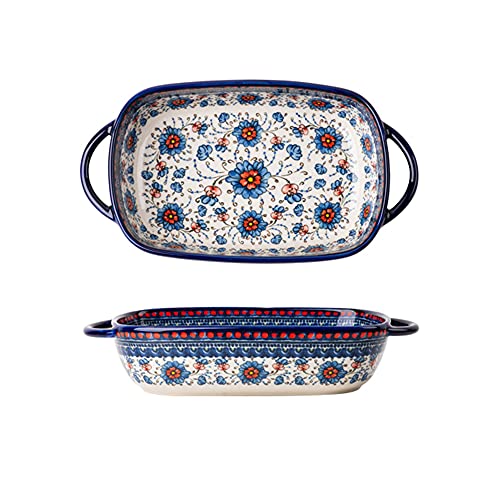 Bicuzat Cazuela de cerámica de estilo vintage con flores azules y naranjas para hornear sartenes para lasaña con asas para horno/cocina/cocina-1 PCS-24 oz