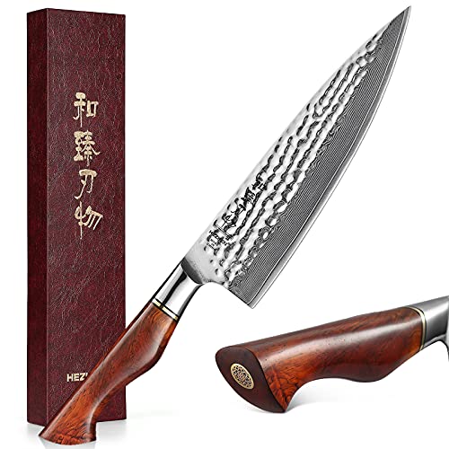 HEZHEN Cuchillo de Cocina-Cuchillo Cocinero Damasco 21CM- Cuchillo Chef Súper Afilado- Acabado Martillado-Acero en Polvo-Mango de Madera Maciza Dalbergia Master Series…