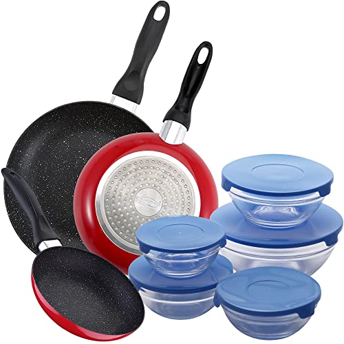 San Ignacio PK4835 PACK DE 3 SARTENES 16CM 20CM 24CM + SET DE 5PC BOLES, Negro/Azul