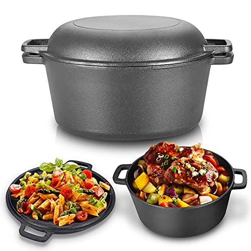 Olla de Hierro Fundido, 2 En 1 Cacerola de 4,5 l Horno Holandés Doble Estufa Combinada con Tapa/Sartén de Doble Función de Marca para Cocina Camping Jardín Barbacoa Hornear 26 X 26 X 12 cm