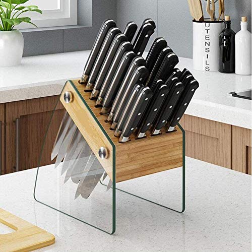 Bloque de cuchillo de cristal templado de bambú 23 tragamonedas Cuchillo de cocina Soporte de escritorio Secure & Fácil almacenamiento de cuchillo vacío Bloque de almacenamiento Organizador sin cuchil