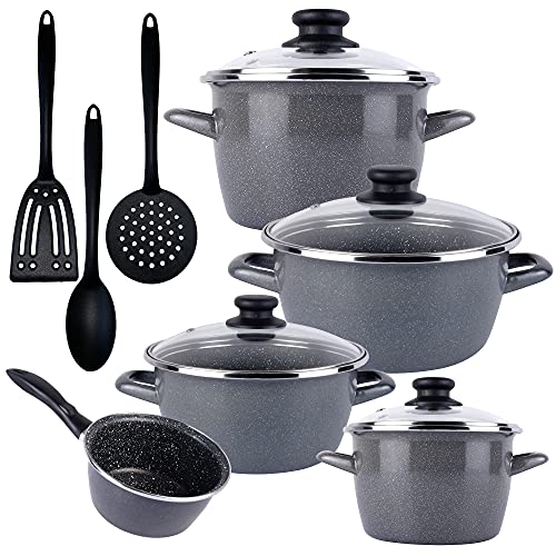 Productos Del Hogar Magefesa K2 GRANSASSO batería: Cazo Ø16, Cacerolas Ø20 y 24, Ollas Ø16 y 24 cms,con tapa, acero esmaltado vitrificado, gris, inducción lavavajillas, en nylon (PK3445)