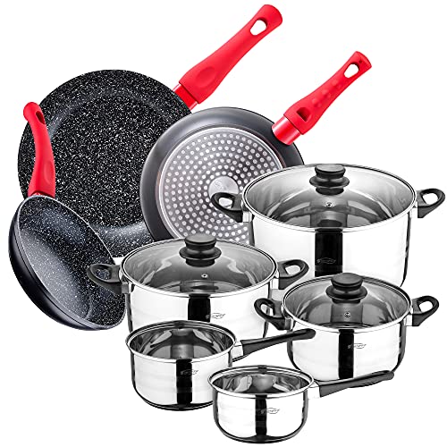 San Ignacio Paquete 3 sartenes diámetro 20/24/28 cm, aluminio forjado + Bateria cocina 8 pcs 5 cuerpos y 3 tapas de vidrio, acero inoxidable, inducción