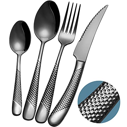 Xideman® Juego de cubiertos martillados Negro modernos de 24 piezas con cuchillo dentado 2 en 1 ultra afilado, set de cubiertos acero inoxidable 18/10, cuberterias completas 6 personas