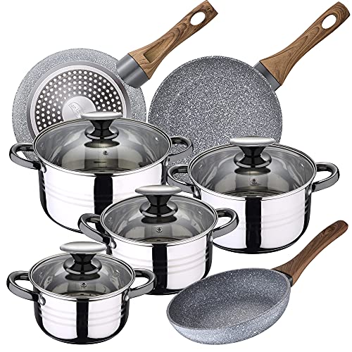 Bateria de cocina 8 piezas SAN IGNACIO Dina, acero inoxidable, con juego sartenes (22/24/26 cm) SAN IGNACIO Daimiel en aluminio forjado