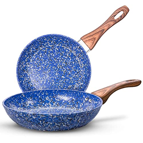 MICHELANGELO Juego de sartenes antiadherentes de granito con mango de madera, sartenes de granito azul antiadherentes, sartén antiadherente de piedra, compatible con inducción, 24 cm y 28 cm