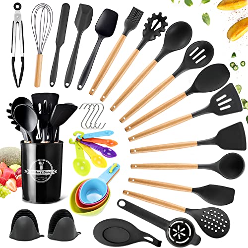 TAVADA 49 Piezas Utensilios Cocina de Silicona,juego de Utensilios de Cocina de Silicona Resistente al Calor,herramienta de cocina antiadherente resistente al calor con mango de madera (sin BPA)