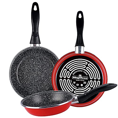 MAGEFESA K2 Rojo - Juego de sartenes (24/26/28) cm, Exterior Rojo. Antiadherente bicapa Reforzado Efecto Piedra, aptas para Todo Tipo de cocinas, Especial inducción. 50% de Ahorro energético.