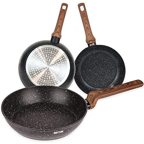 Quttin - Sartén Antiadherente de inducción Ecologi con Mango. Para todo tipo de cocinas. Aluminio Forjado Doble Capa. Resistente Duradera. Sarten Negra Mediana 24 cm