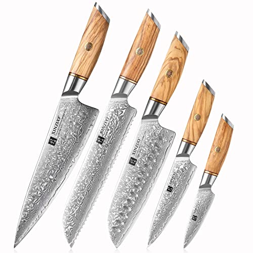 XINZUO Set Cuchillo Cocina 5 Piezas Acero de Damasco,Juego de Cuchillo de Cocinero Afilados Acero en Polvo de Damasco de 73 Capas-Cuchillo Chef Santoku Pan Universal Fruta-Mango de Madera de Olivo