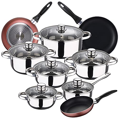 Bateria de cocina 12 piezas SAN IGNACIO Cassel, acero inoxidable, con juego sartenes (16/20/24 cm) SAN IGNACIO Paradise en aluminio prensado