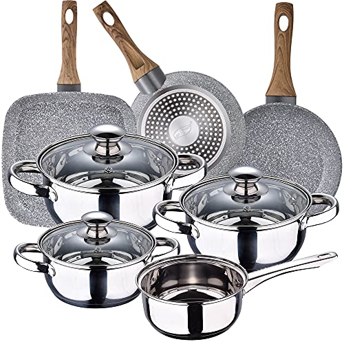 Bateria de cocina 7 piezas SAN IGNACIO Faro, acero inoxidable, con juego sartenes (18/22 cm) y grill 28x28 cm SAN IGNACIO Daimiel en aluminio forjado