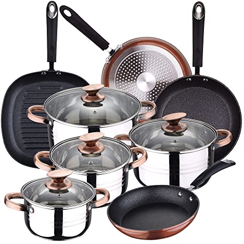 Bateria de cocina 8 piezas SAN IGNACIO Premium Nona, acero inoxidable, con juego sartenes (20/24/28 cm) y grill 28 cm Moma en aluminio forjado
