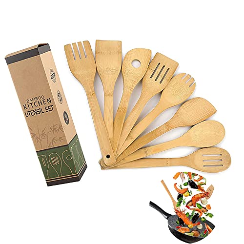 8 Piezas Juego de Utensilios de Cocina de Madera de Bambú, Cuchara y Espátula, Mezcla Perfecta para Ollas y Sartenes Antiadherentes y Wok, Juego de Utensilios de Cocina de Bambú