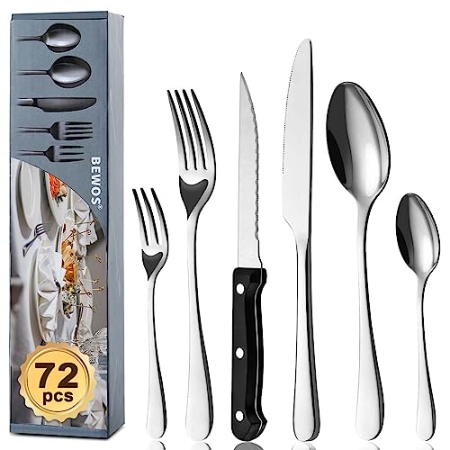 BEWOS Juego de cubiertos para 12 personas, cuberteria acero inoxidable de 72 piezas con cuchillos para carne, Cuchillo Cuchara Tenedor Cubiertos Set Espejo Pulido, Apto para Lavavajillas