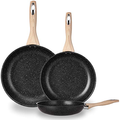 Juego de Sartenes Antiadherentes, Juego de Utensilios de Cocina de Acero Inoxidable 410 de 3 Piezas con 12 Pulgadas, 10.2 Pulgadas y 8 Pulgadas, Negro