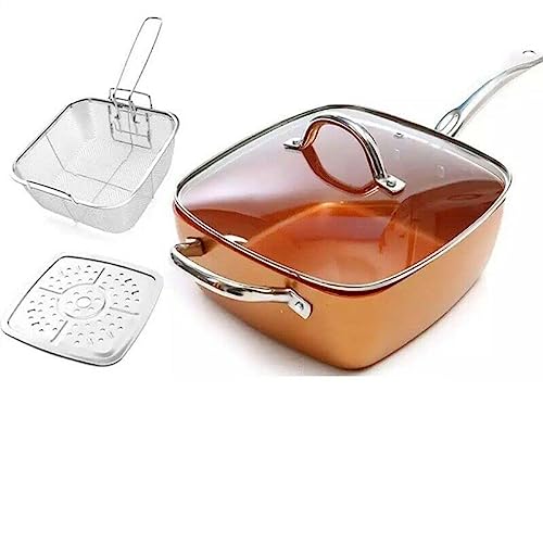 SARTEN CUADRADA CACEROLA CERAMICA ANTI ADHERENTE FREIR CON TAPA ACCESORIOS COLOR COBRE
