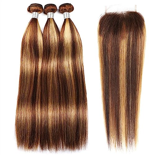 Paquetes de cabello Mechones de cabello humano liso resaltado con cierre de encaje 4x4 HD prearrancado P4/27 extensión de cabello Remy peruano de color 220 g/set Extensiones de Cabello (Color : P4 27