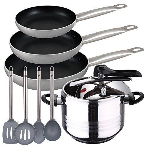 San Ignacio Duna Premium Olla Express 7 litros + Set 3 sartenes + Utensilios de Cocina, Acero Inoxidable, Cromado
