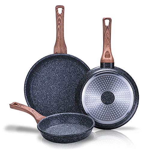 NEWCHEF - Juego de Sartenes Antiadherentes FOLK 3pzs. (20,24,28Ø cm) de Aluminio, apto para Inducción y Vitrocerámica. Set de sartenes Antigoteo con Mango Ergonómico, Fáciles de Limpiar y Libre PFOA