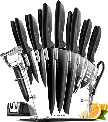 17 piezas Set Cuchillos de Cocina Profesional con Soporte de Acrílico - Inox Juego de Cuchillos de Cocina de Chef con 6 Cuchillos Carne, Afilador Cuchillos, Pizzero y Queso Cuchillos, Tijeras, Pelador