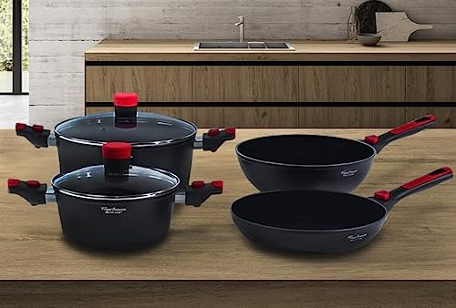 ECODE Batería de Cocina Set sartenes Forged COOKWARE.6 pzs Aluminio Fundido Antiadherente para inducción, 2 Tapas sartén, Gas, vitrocerámica, Mangos extraíbles
