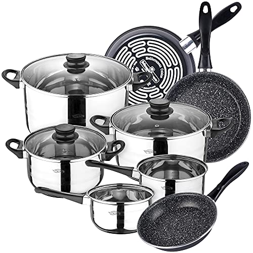 Bateria de cocina 8 piezas SAN IGNACIO Toledo, acero inoxidable, con juego sartenes (18/20/24 cm) MAGEFESA K2 Gransasso en acero esmaltado
