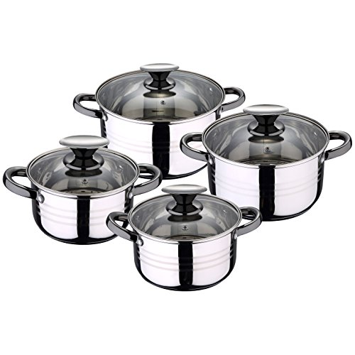 San Ignacio Premium Dina - Bateria de cocina de 4 piezas, acero inoxidable, 1.9L-2.7L-3.5L-5.1L, apta para todo tipo de cocinas incluido inducción, Gris, Pack 8 pcs