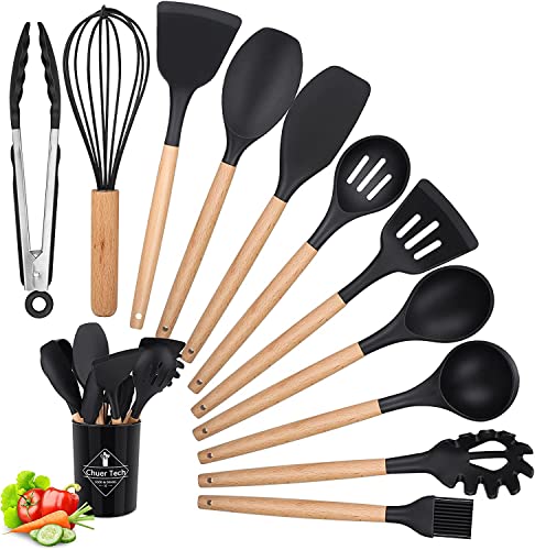 Utensilios de Cocina Silicona, 12PCS Juego de Utensilios de Cocina Accesorios sin BPA, Herramientas Antiadherent y Resistent al Calor con Mango de Madera, Menaje de Cocina con Cuchara/Espátulas/Pinza